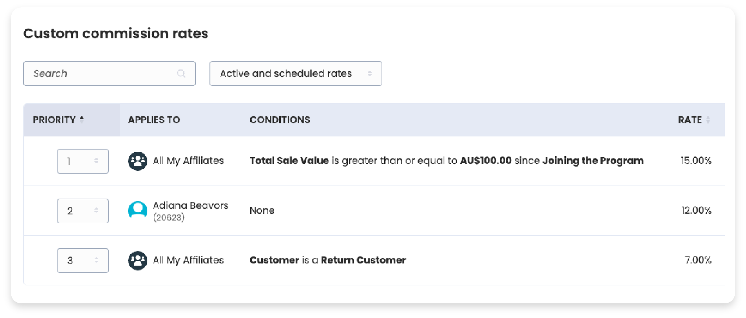 Managing commission rates
